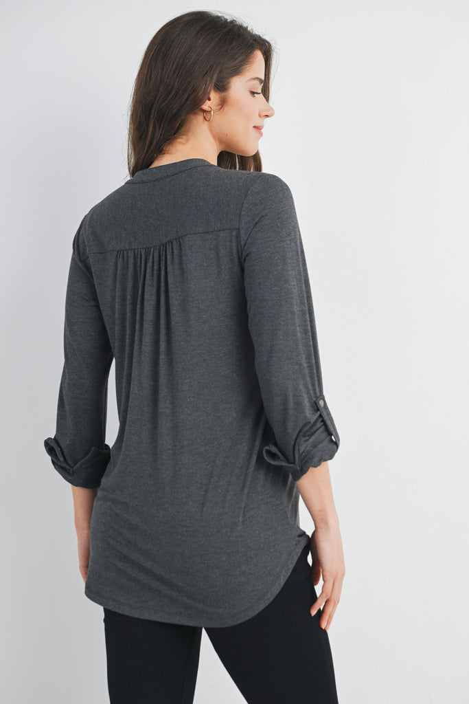 Charcoal Henley Long Sleeve V Neck Maternity Nursing Top Back View