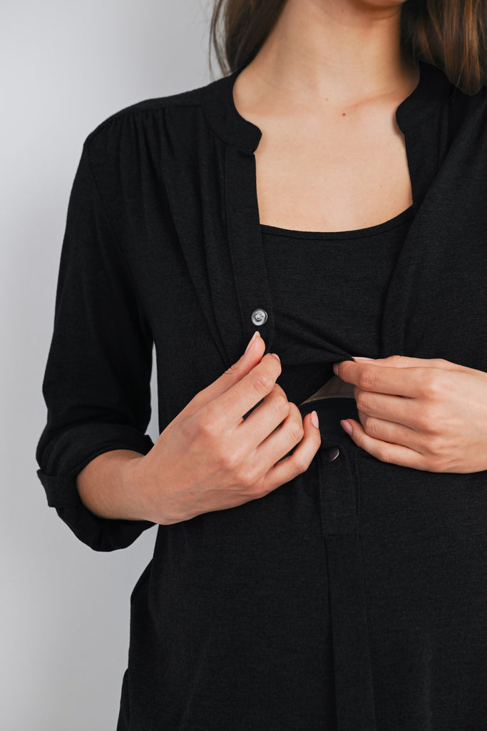 Black Henley Long Sleeve V Neck Maternity Nursing Top Nursing Opening Close Up