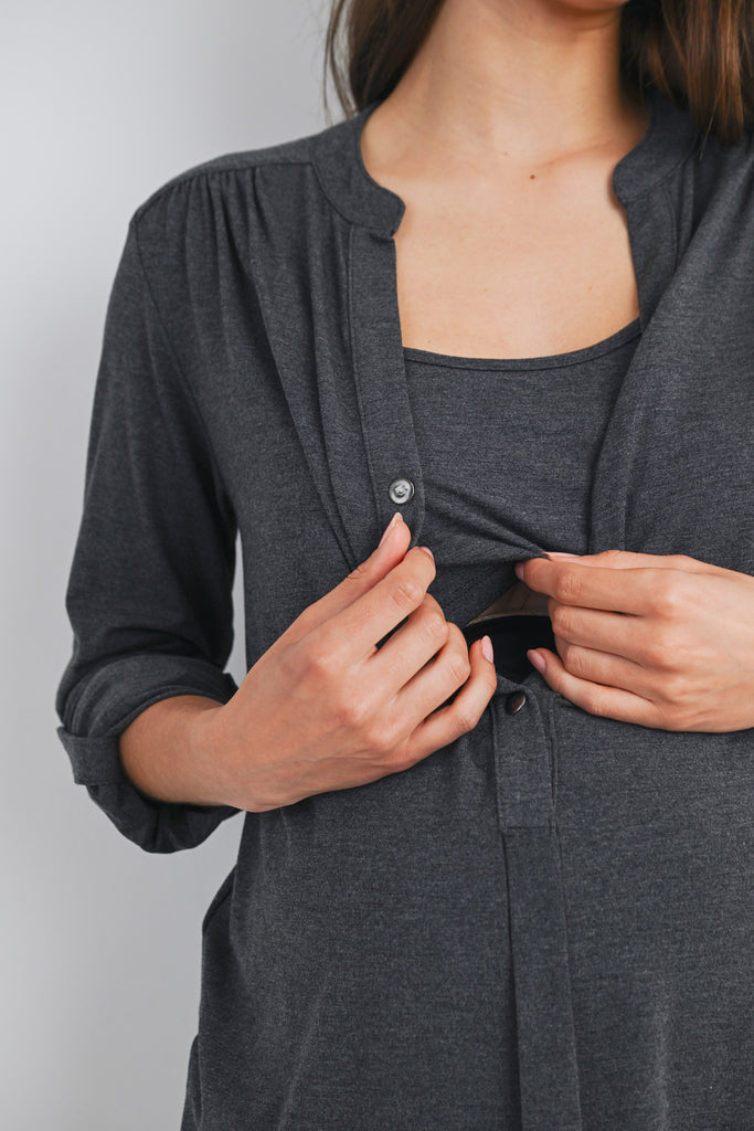 Charcoal Henley Long Sleeve V Neck Maternity Nursing Top Nursing Opening  Close Up