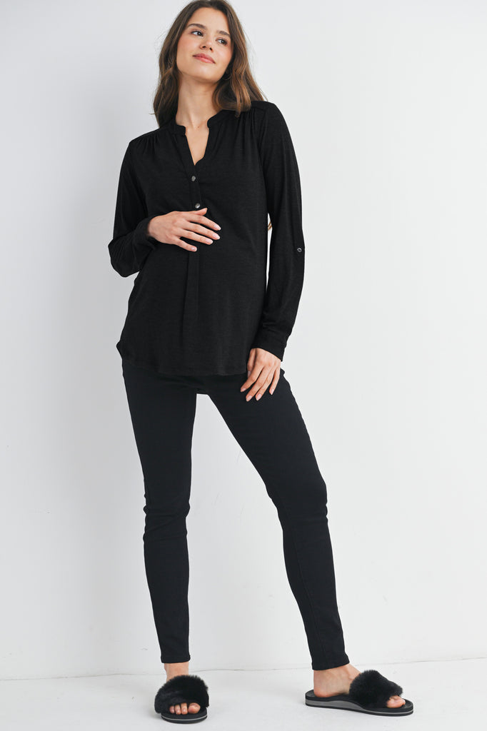 Black Henley Long Sleeve V Neck Maternity Nursing Top Full Body