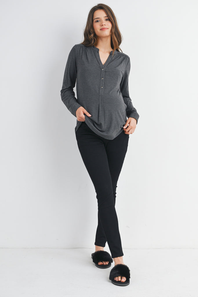 Charcoal Henley Long Sleeve V Neck Maternity Nursing Top Full Body