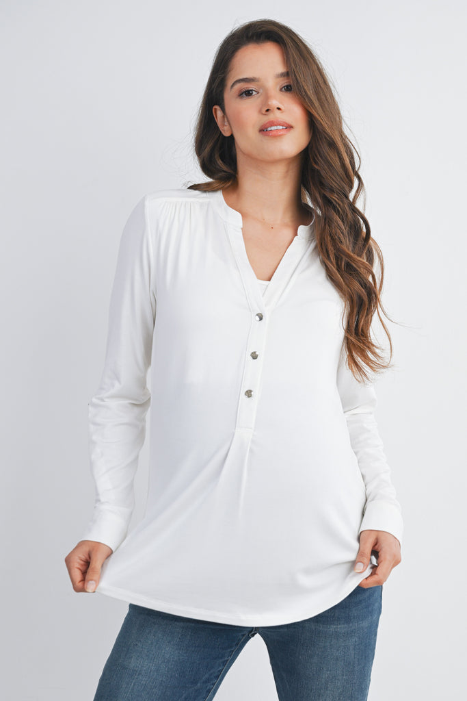 Ivory Henley Long Sleeve V Neck Maternity Nursing Top Front View