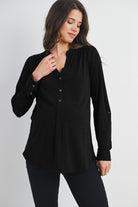 Black Henley Long Sleeve V Neck Maternity Nursing Top Front View