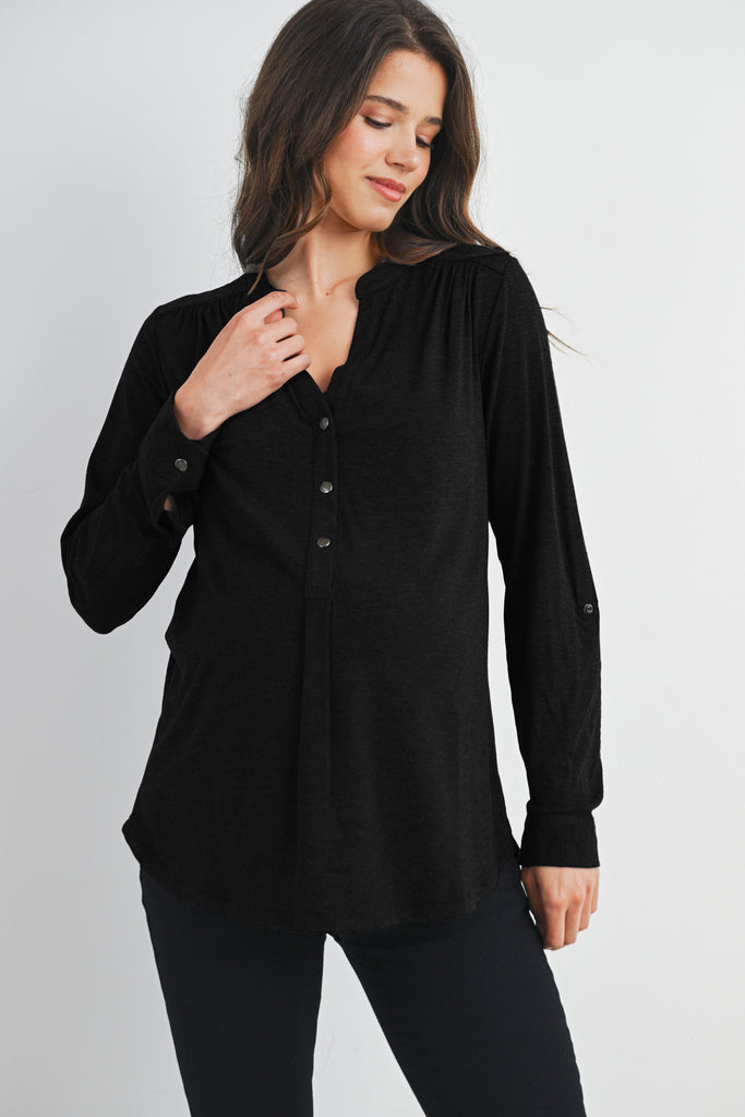 Black Henley Long Sleeve V Neck Maternity Nursing Top Front View