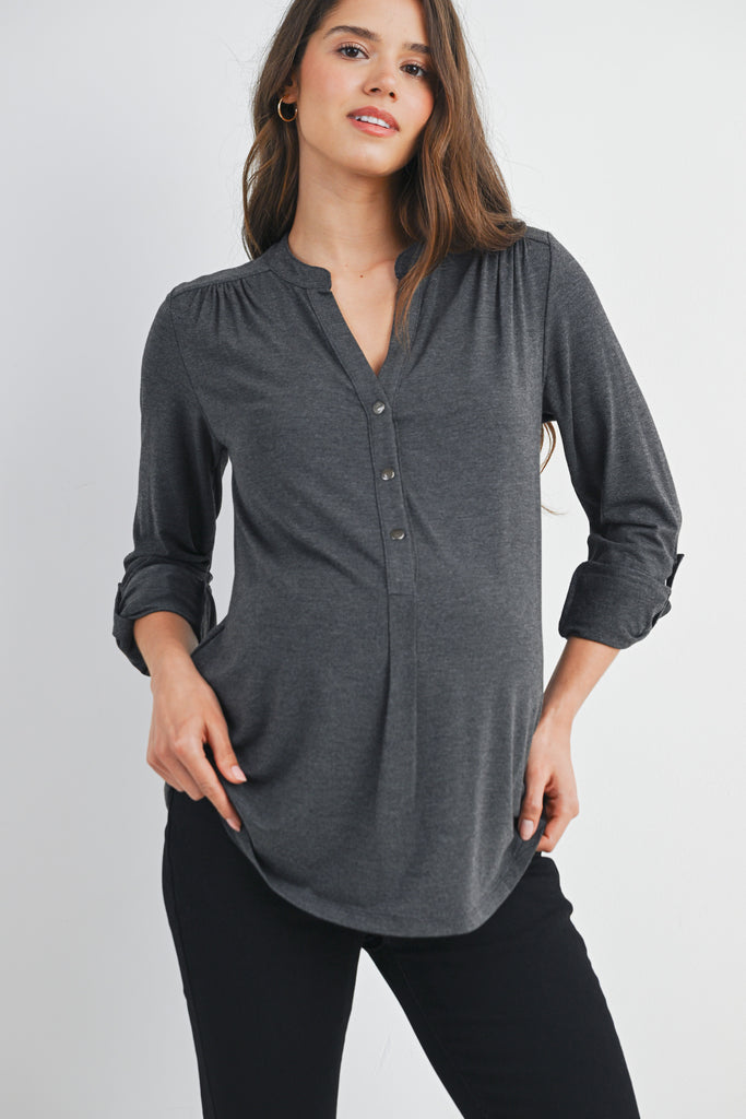 Charcoal Henley Long Sleeve V Neck Maternity Nursing Top Front View