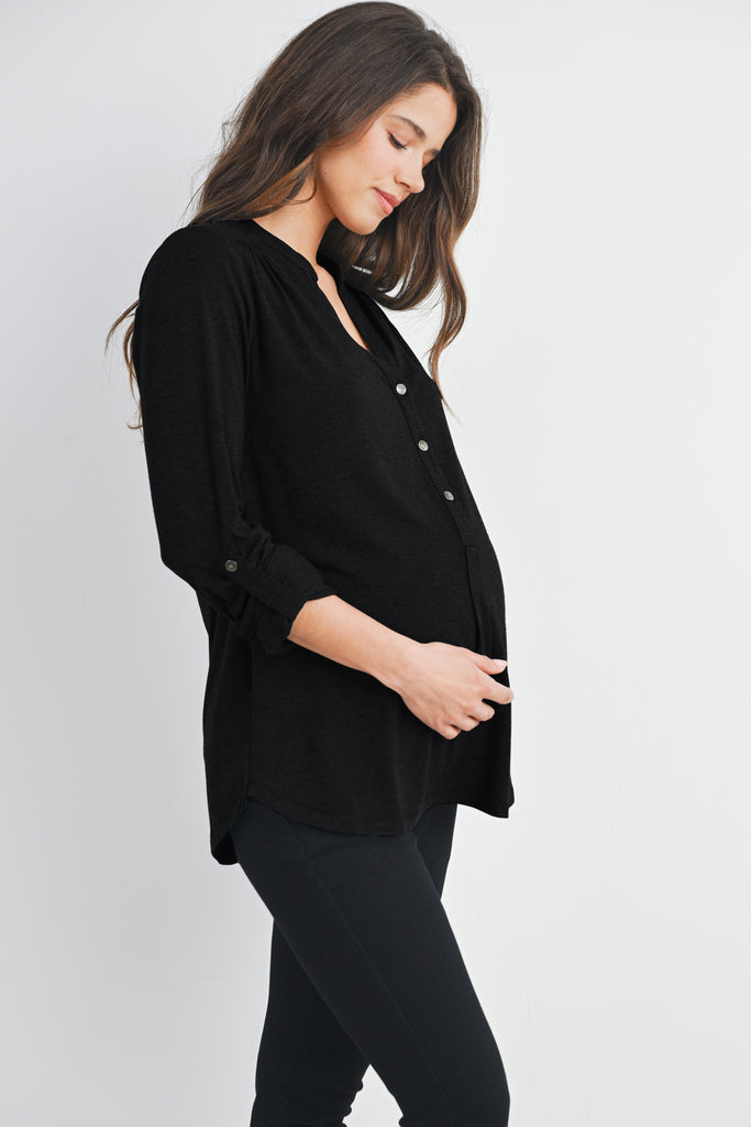 Black Henley Long Sleeve V Neck Maternity Nursing Top Side View
