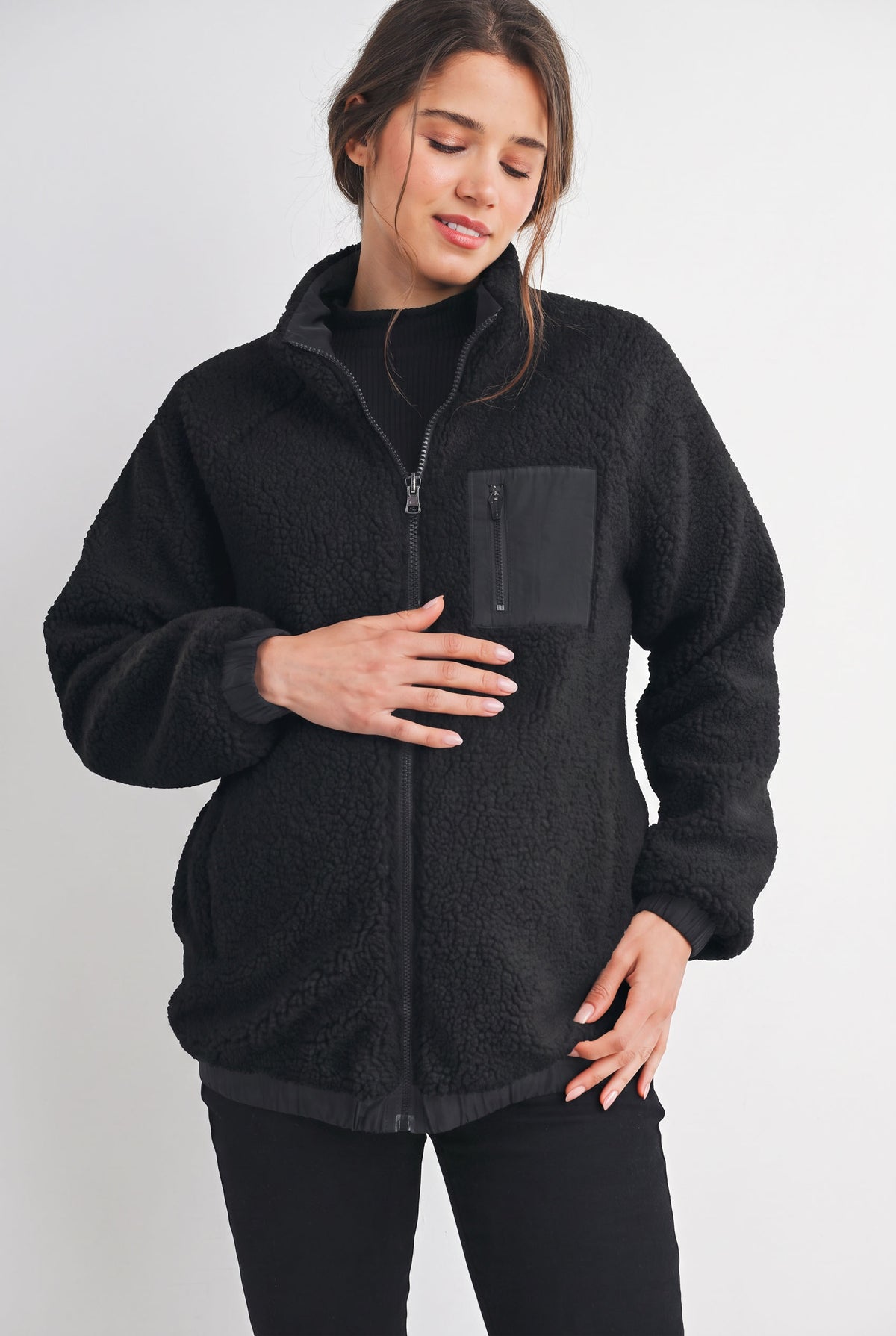 Hello Miz Black Teddy Zip Up Maternity Fleece Jacket