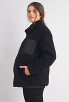 Side view of Hello Miz Black Teddy Zip Up Maternity Fleece Jacket