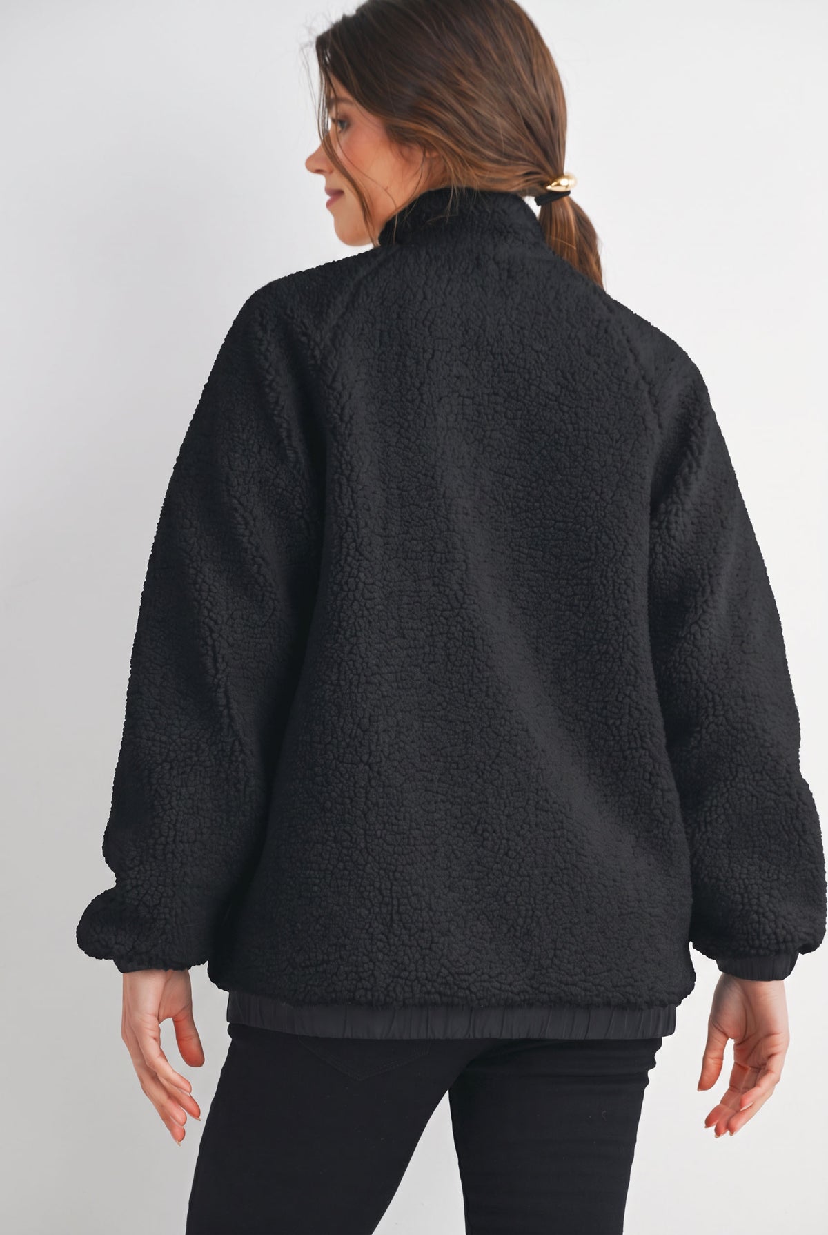 Back view of Hello Miz Black Teddy Zip Up Maternity Fleece Jacket