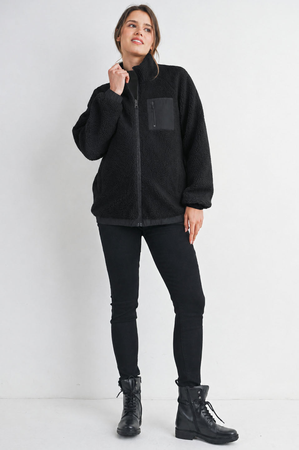 Full body view of Hello Miz Black Teddy Zip Up Maternity Fleece Jacket
