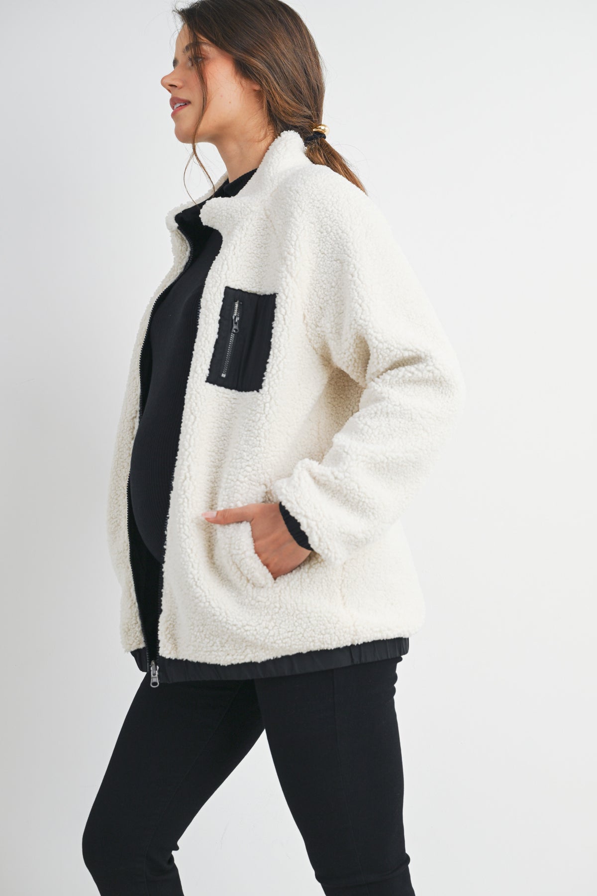 White Teddy Zip Up Maternity Fleece Jacket Side View
