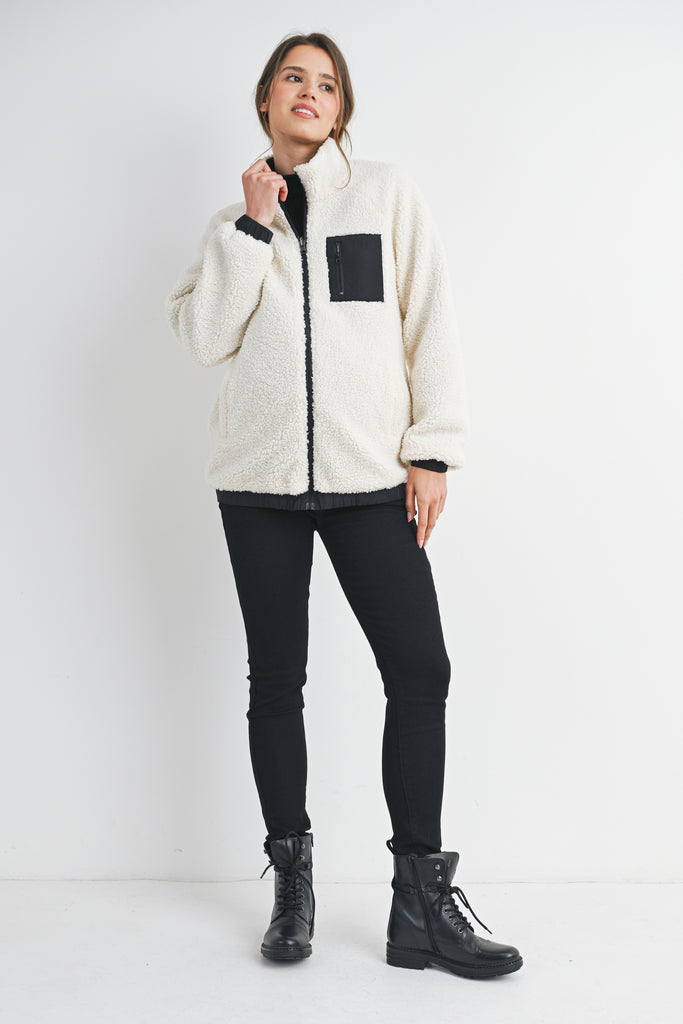White Teddy Zip Up Maternity Fleece Jacket Full Body
