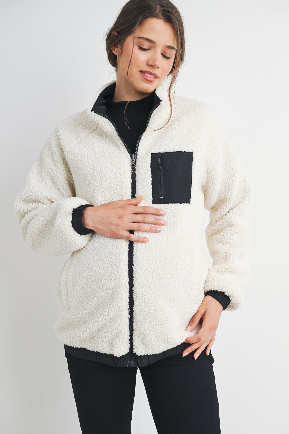 White Teddy Zip Up Maternity Fleece Jacket Front View