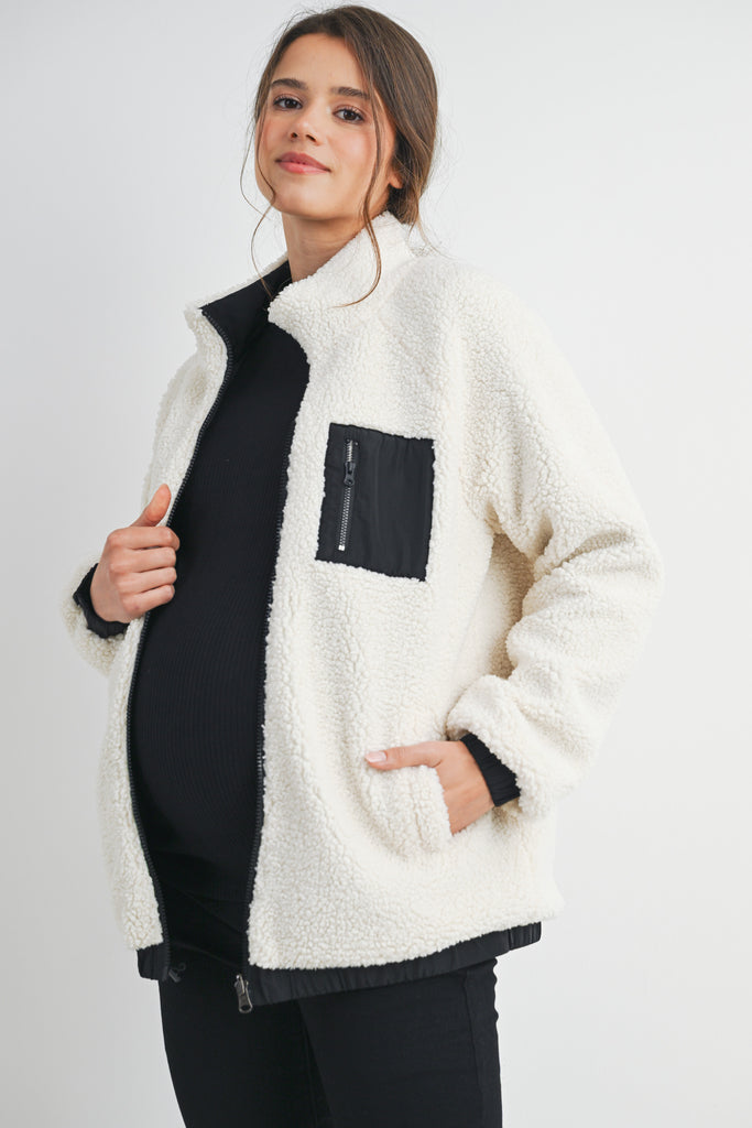White Teddy Zip Up Maternity Fleece Jacket Side View