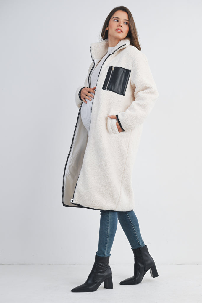 White Teddy Zip Up Maternity Coat Side View