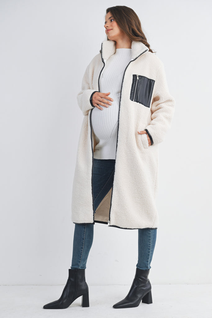 White Teddy Zip Up Maternity Coat Side View