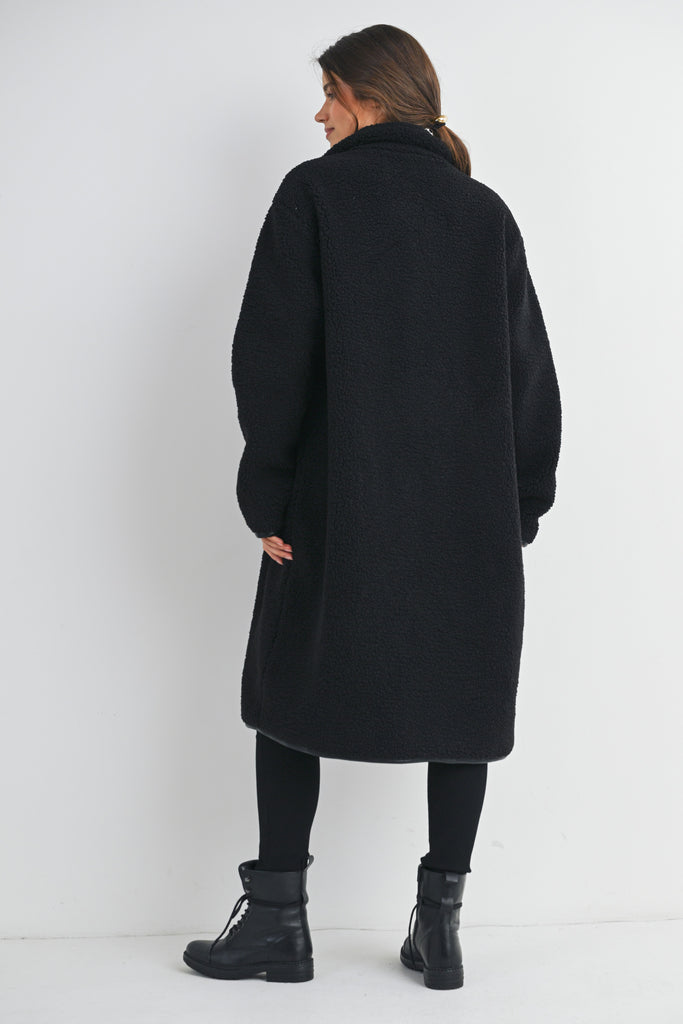 Black Teddy Zip Up Maternity Coat Back View
