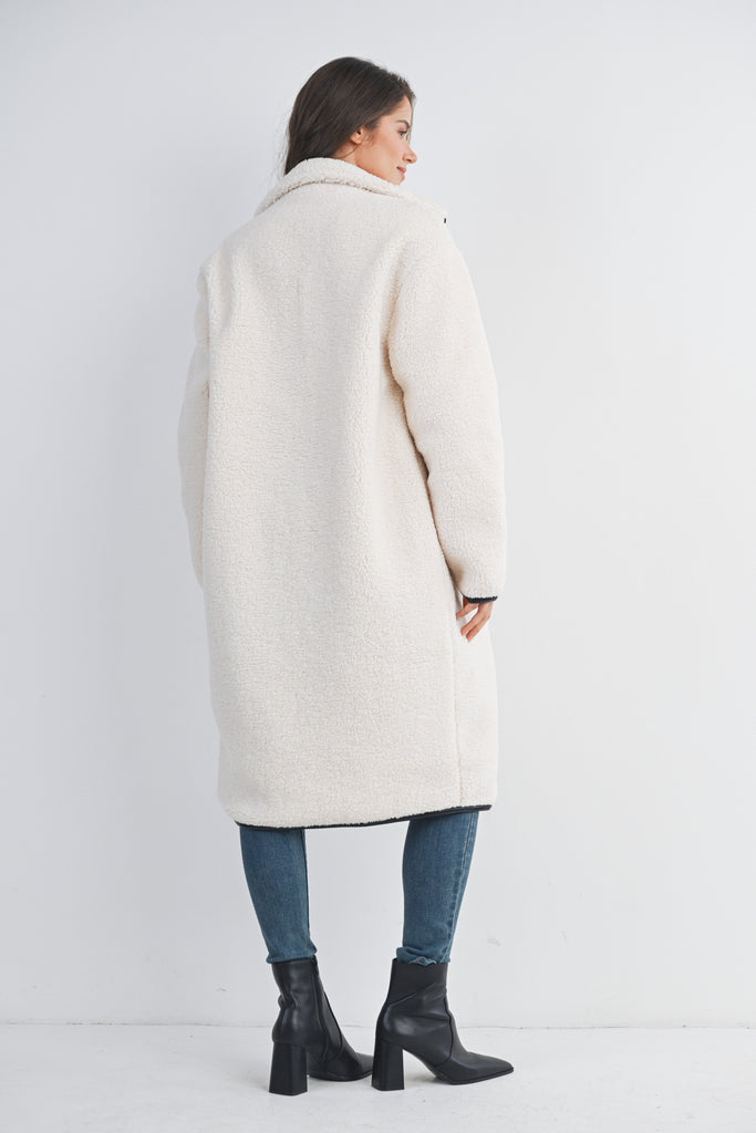 White Teddy Zip Up Maternity Coat Back View