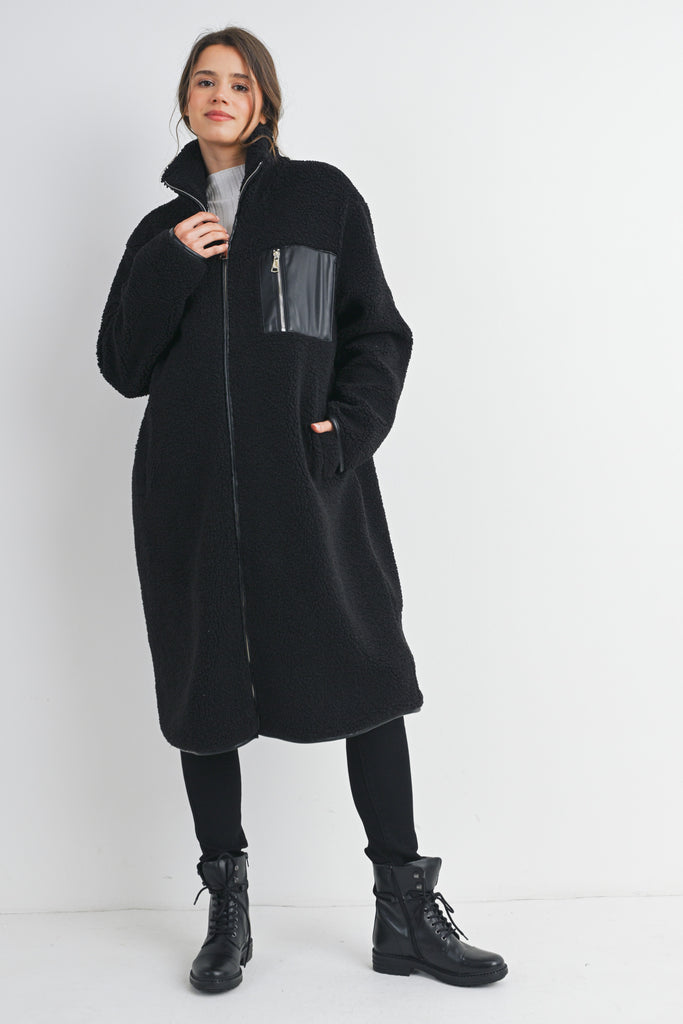 Black Teddy Zip Up Maternity Coat Front View