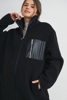Black Teddy Zip Up Maternity Coat Close Up Detail