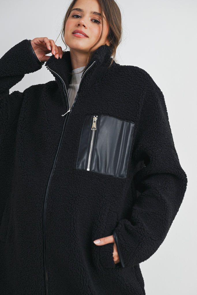 Black Teddy Zip Up Maternity Coat Close Up Detail