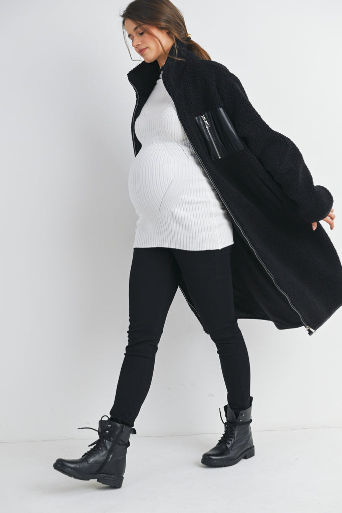 Black Teddy Zip Up Maternity Coat Side View