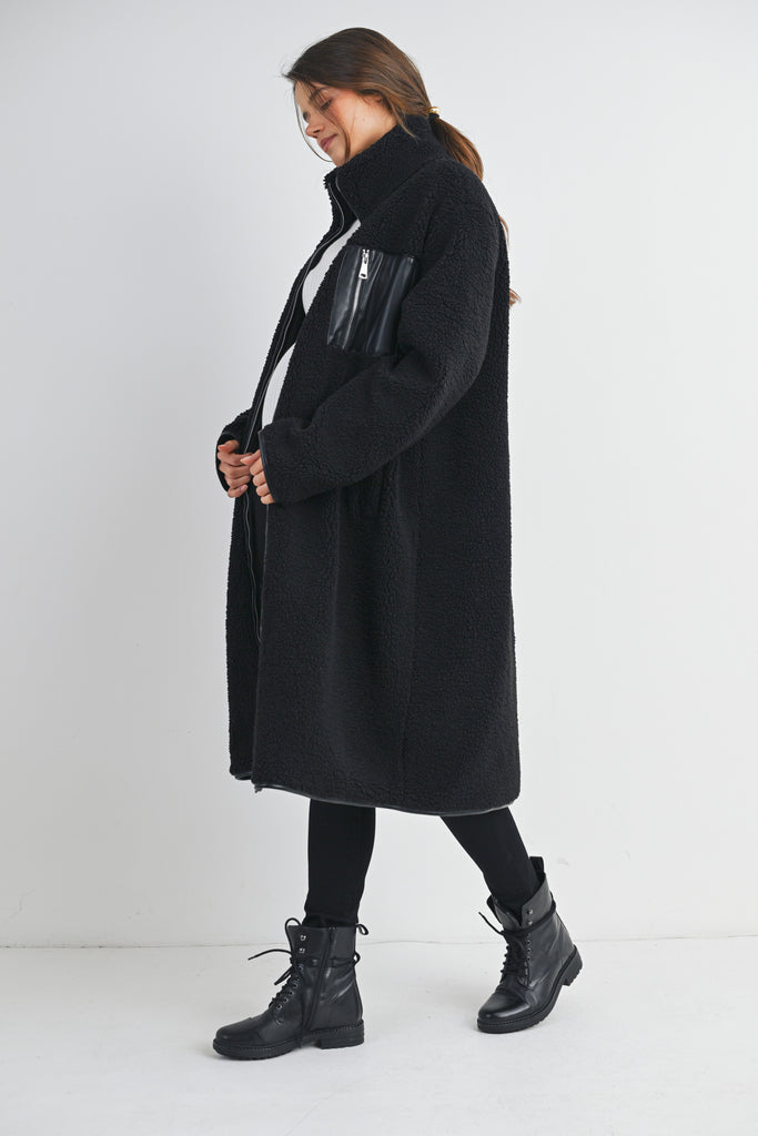 Black Teddy Zip Up Maternity Coat Side View