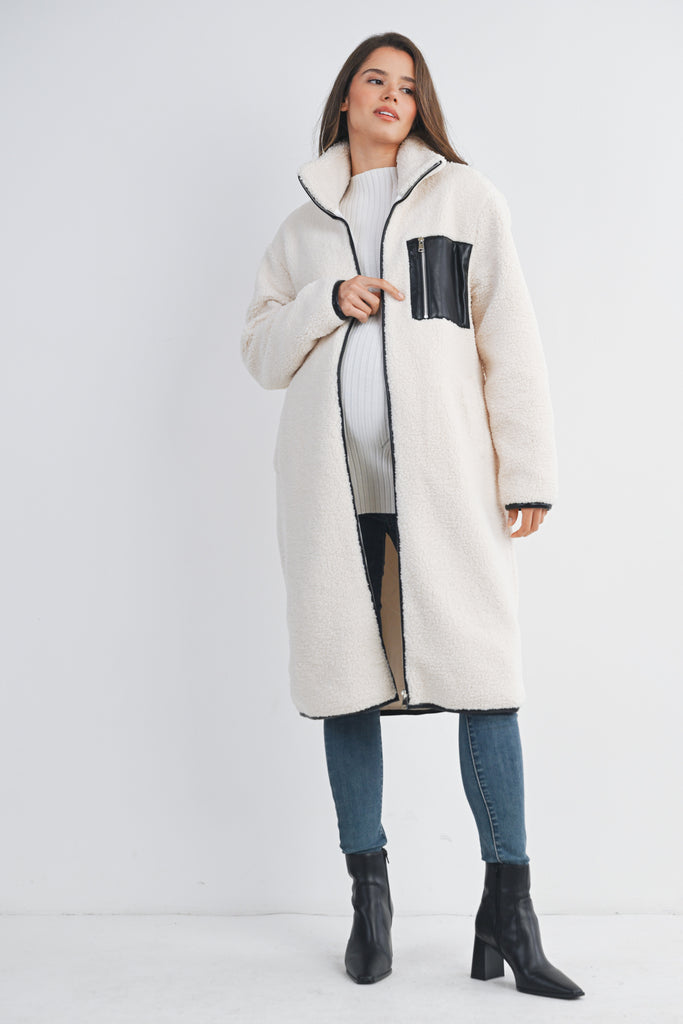 White Teddy Zip Up Maternity Coat Front View