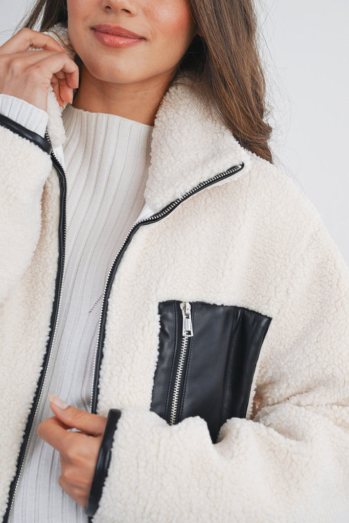 White Teddy Zip Up Maternity Coat Pocket Detail Close Up