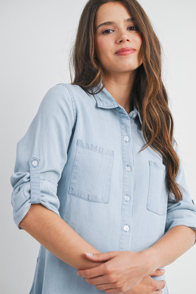 Denim Long Sleeve Split Back Button Down Maternity Nursing Friendly Shirt Close Up