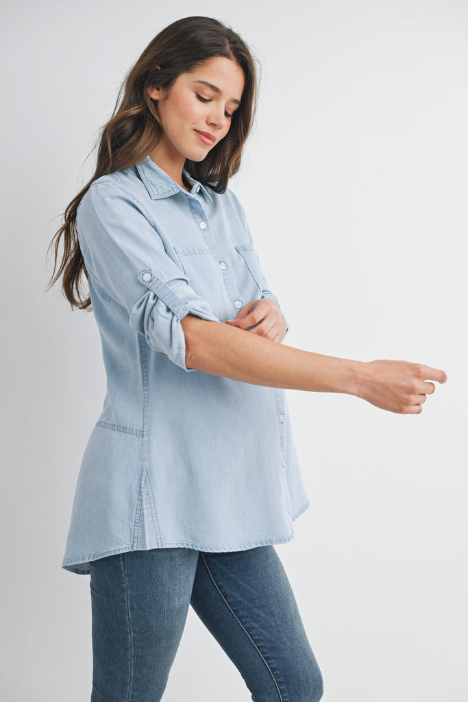 Denim Long Sleeve Split Back Button Down Maternity Nursing Friendly Shirt Side View