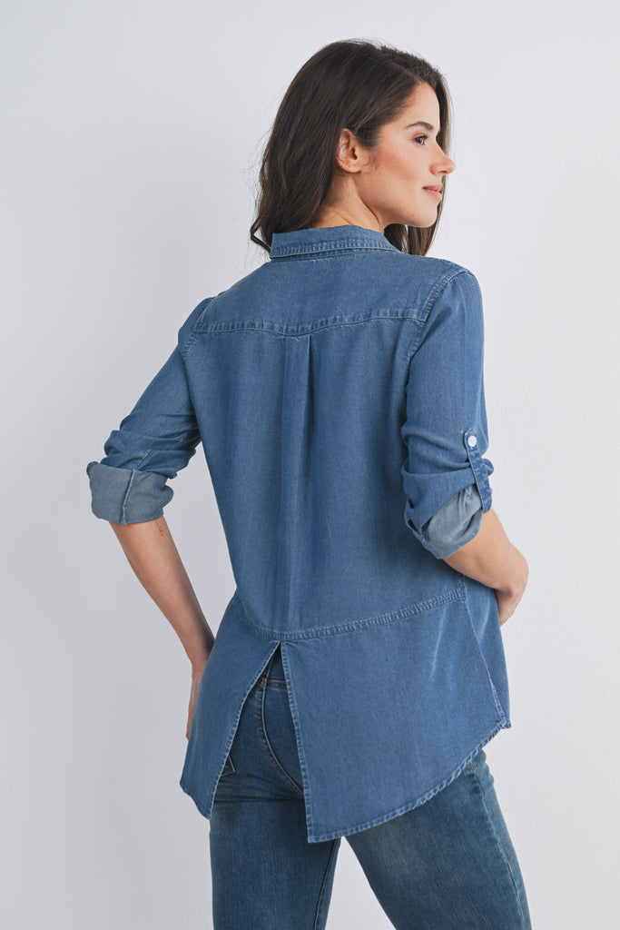 Medium Denim Long Sleeve Split Back Button Down Maternity Nursing Friendly Shirt Back View