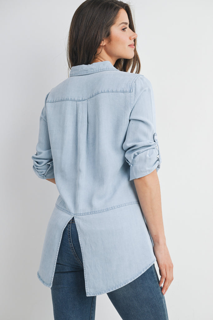 Denim Long Sleeve Split Back Button Down Maternity Nursing Friendly Shirt Back View