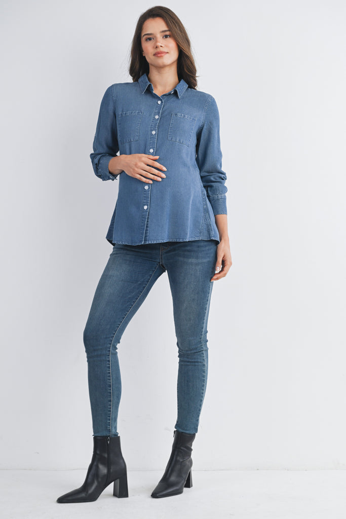 Medium Denim Long Sleeve Split Back Button Down Maternity Nursing Friendly Shirt Full Body