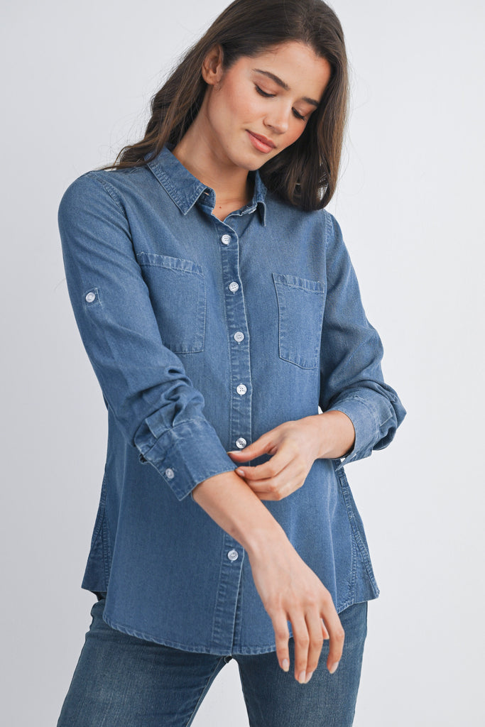 Medium Denim Long Sleeve Split Back Button Down Maternity Nursing Friendly Shirt Front View