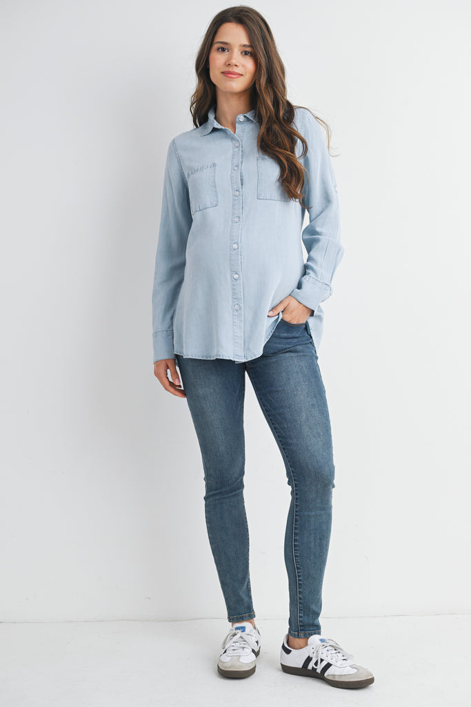 Denim Long Sleeve Split Back Button Down Maternity Nursing Friendly Shirt Full Body