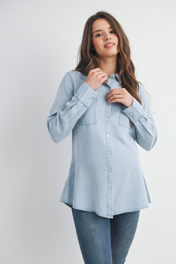 Denim Long Sleeve Split Back Button Down Maternity Nursing Friendly Shirt Front View
