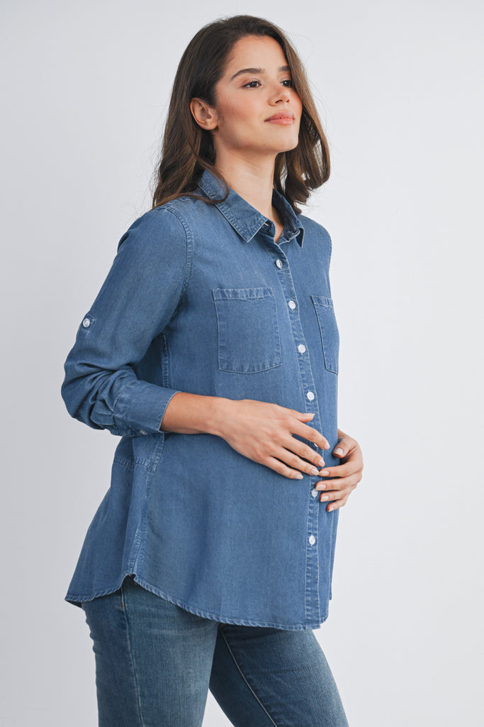 Medium Denim Long Sleeve Split Back Button Down Maternity Nursing Friendly Shirt Side View