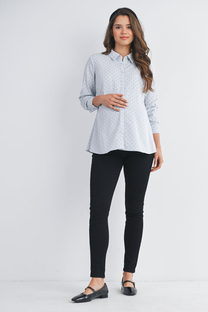 Blue Polka Dot Long Sleeve  Button Down Maternity Top Full Body View