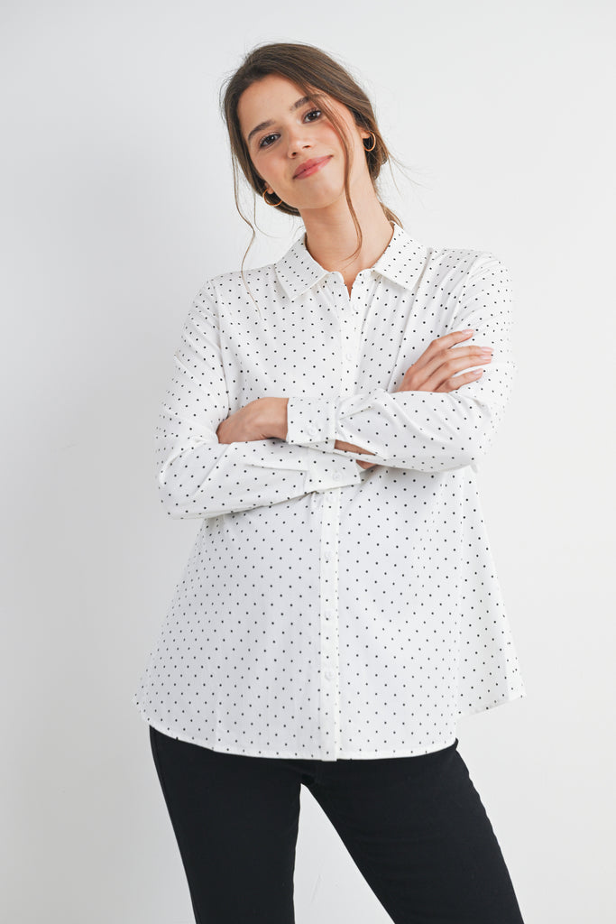 White Polka Dot Long Sleeve  Button Down Maternity Top Front View