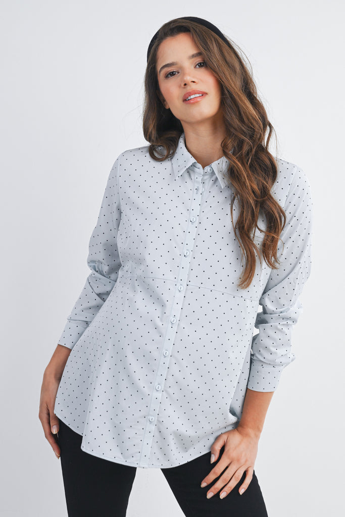 Blue Polka Dot Long Sleeve  Button Down Maternity Top Front View