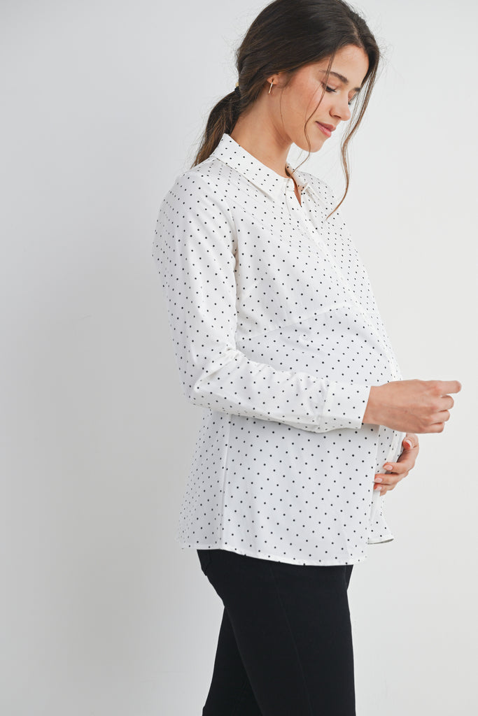White Polka Dot Long Sleeve  Button Down Maternity Top Side View