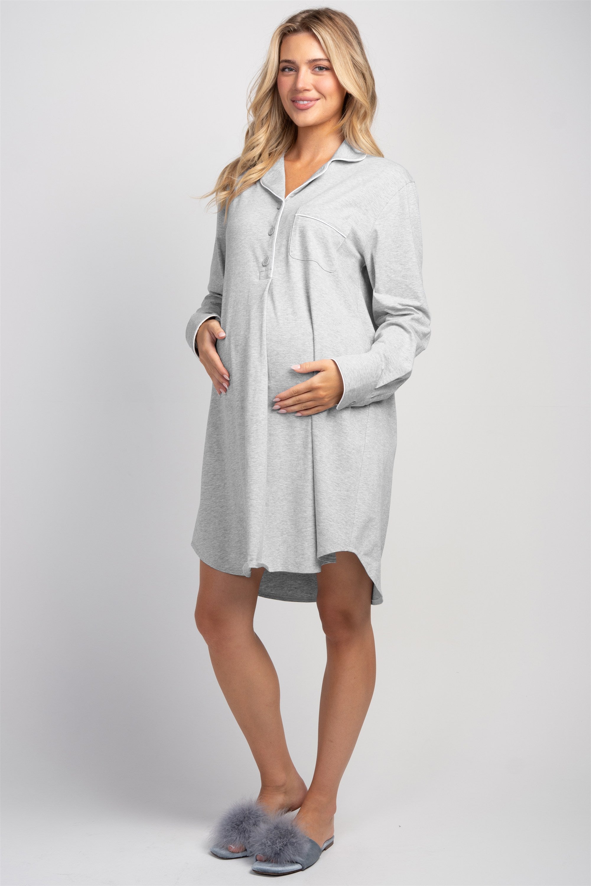 Heather grey maternity long sleeve nightshirt full body front view with curved hem