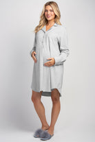 Heather grey maternity long sleeve nightshirt full body front view with curved hem