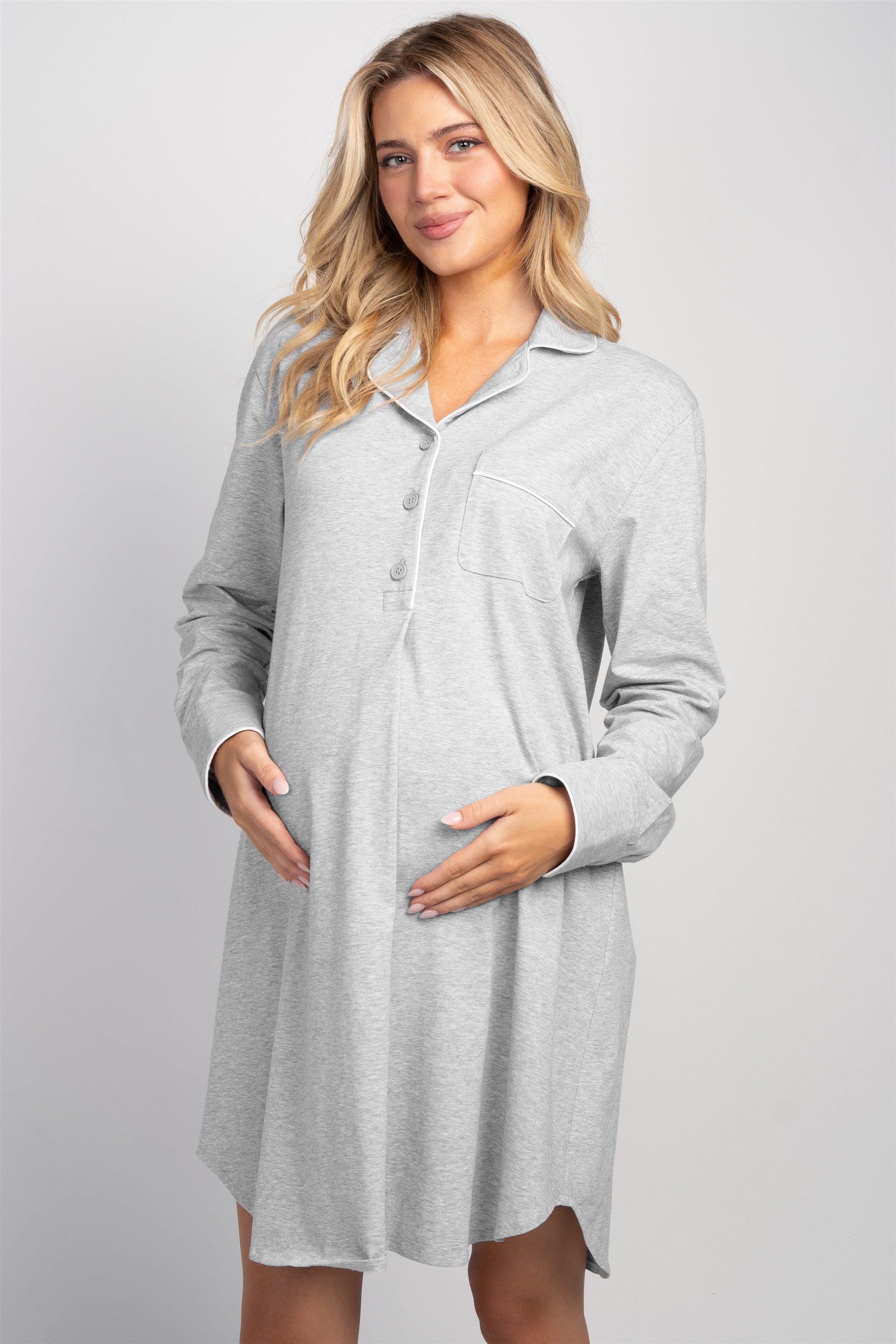 Heather grey maternity nightshirt front view with half-button placket and chest pocket