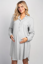 Heather grey maternity nightshirt front view with half-button placket and chest pocket