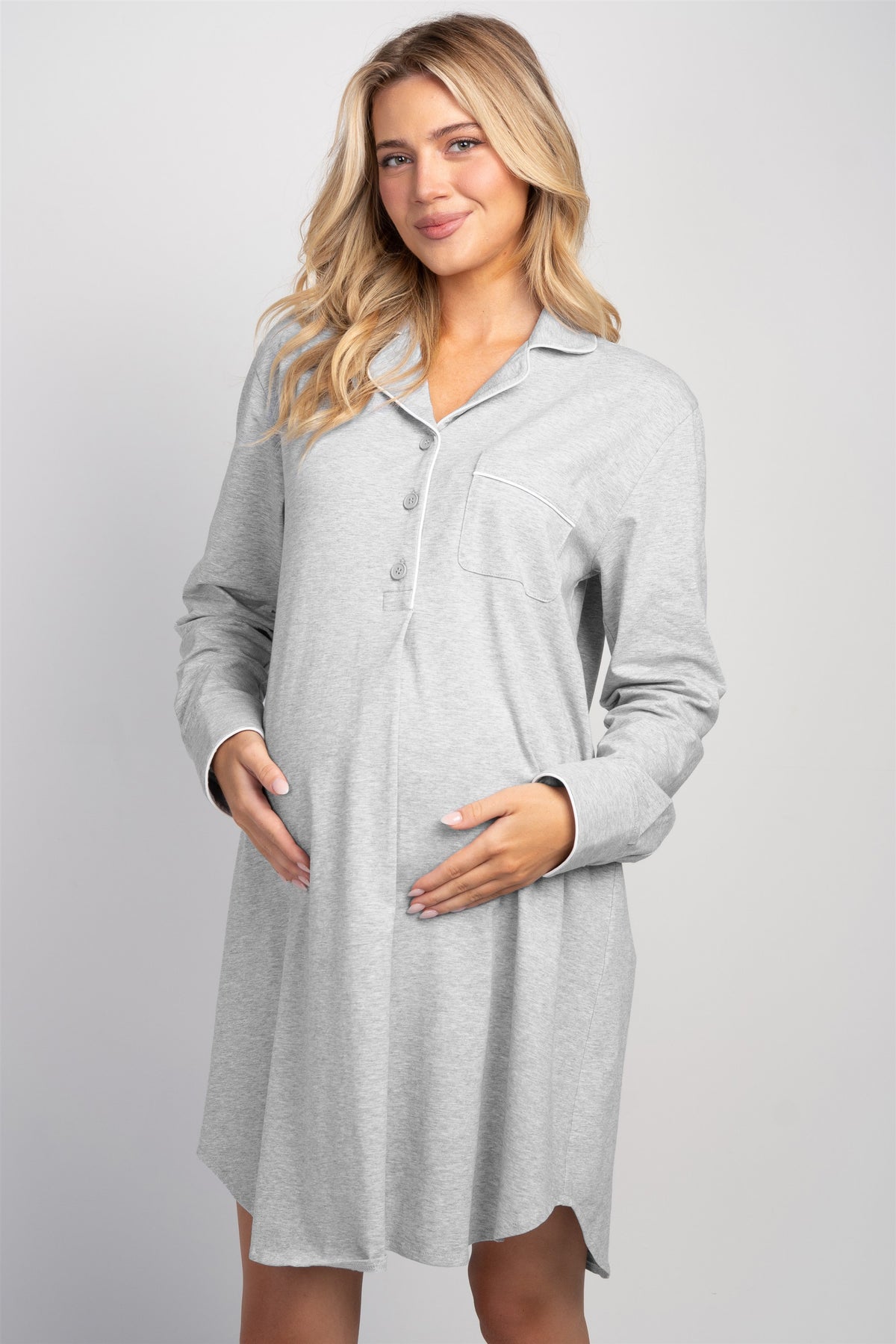 Heather grey maternity nightshirt front view with half-button placket and chest pocket