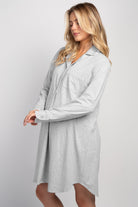 Heather grey maternity nightshirt side view with relaxed fit and button cuffs