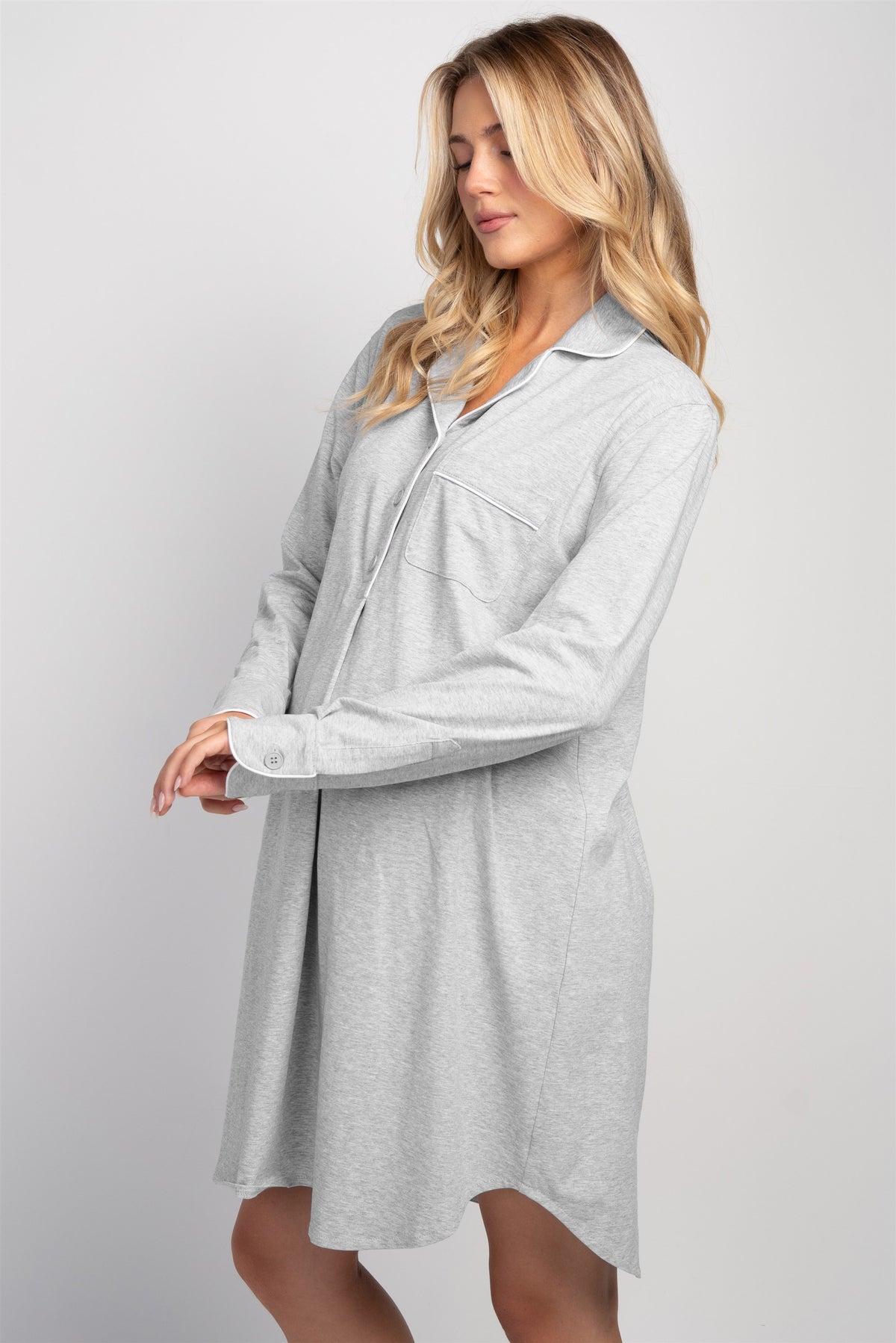 Heather grey maternity nightshirt side view with relaxed fit and button cuffs