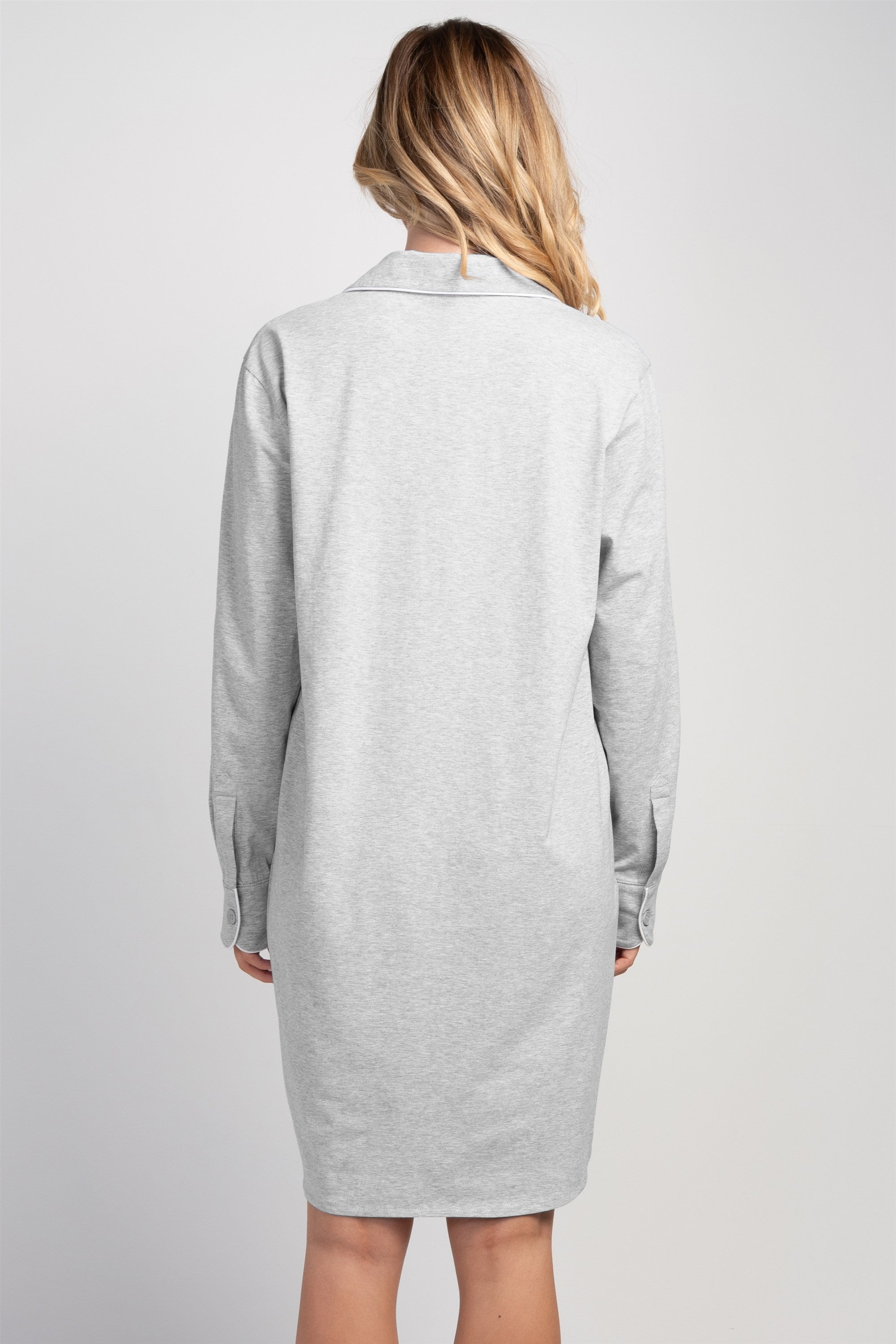 Back view of heather grey maternity long sleeve nightshirt